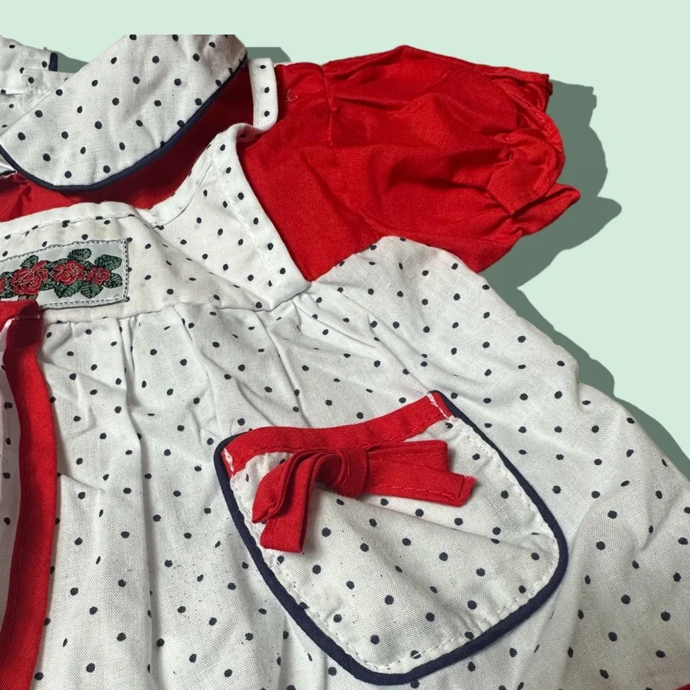 Vintage Baby Cotton Candy Red White Blue Two Piece Set Polka Dot Rose Detail